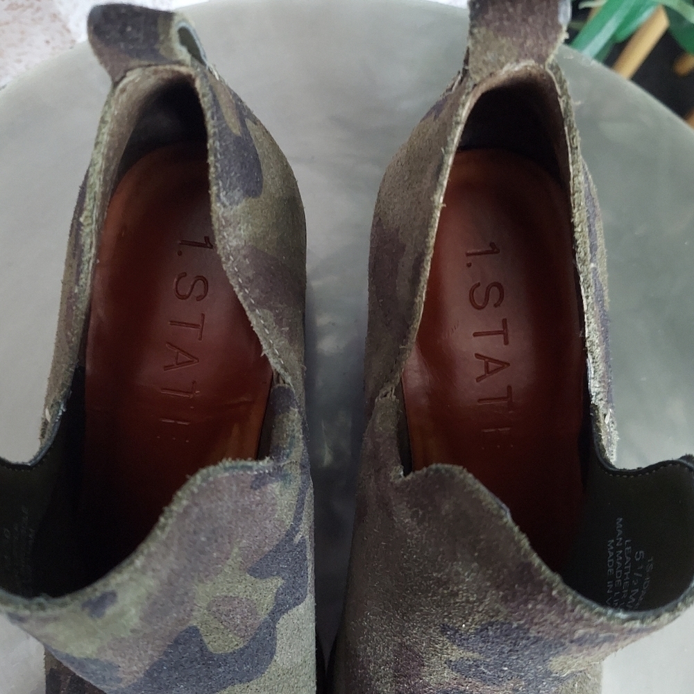 1. STATE Idania Leather Block Heel Olive Camo Suede Bootie Size 5.5 - Picture 7 of 8